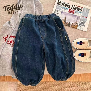 Dječje hlače, korejskog stila, Cowboy tkanina 65% poliester, srednjeg porasta struka, unisex, za djecu 3–8 godina (100–140 cm)
