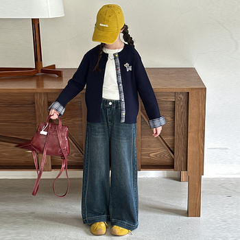 Τζιν κοριτσιών, κορεατικού στυλ, φαρδιά παντελόνια, πολυεστέρας 80%, μέση μεσαίας ύψους, για κορίτσια άνω των 8 ετών