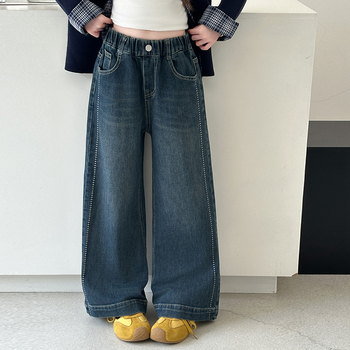 Τζιν κοριτσιών, κορεατικού στυλ, φαρδιά παντελόνια, πολυεστέρας 80%, μέση μεσαίας ύψους, για κορίτσια άνω των 8 ετών