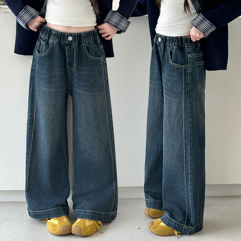 Τζιν κοριτσιών, κορεατικού στυλ, φαρδιά παντελόνια, πολυεστέρας 80%, μέση μεσαίας ύψους, για κορίτσια άνω των 8 ετών