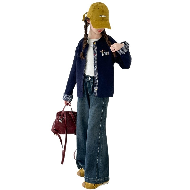 Τζιν κοριτσιών, κορεατικού στυλ, φαρδιά παντελόνια, πολυεστέρας 80%, μέση μεσαίας ύψους, για κορίτσια άνω των 8 ετών