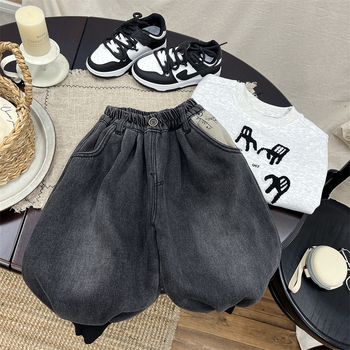 Blugi denim pentru copii stil coreean, căptușiți cu fleece din lână de alpaca, denim din bumbac, talie medie, curea elastică