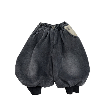 Blugi denim pentru copii stil coreean, căptușiți cu fleece din lână de alpaca, denim din bumbac, talie medie, curea elastică