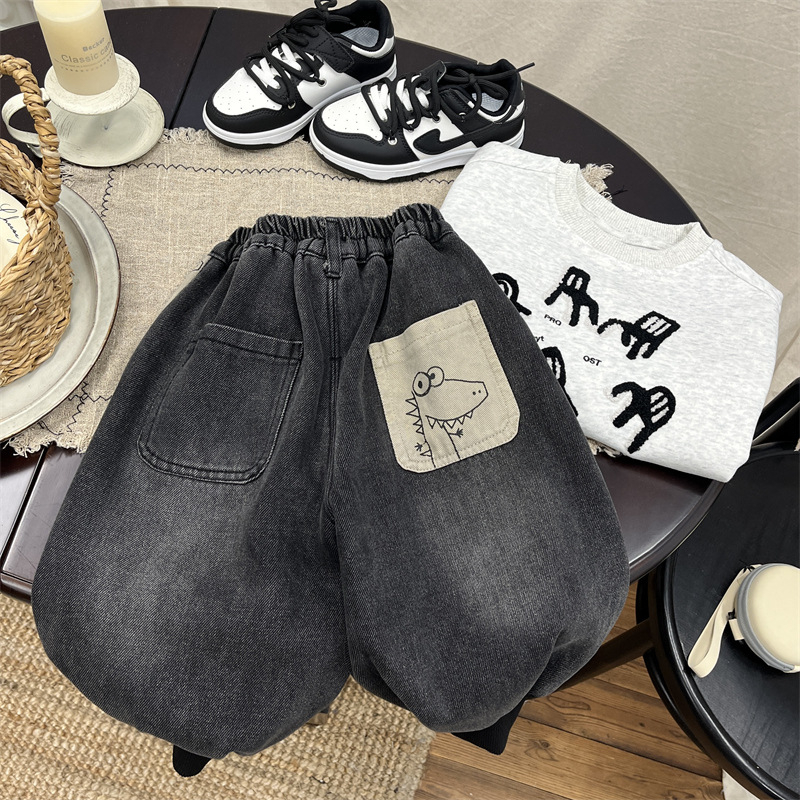 Blugi denim pentru copii stil coreean, căptușiți cu fleece din lână de alpaca, denim din bumbac, talie medie, curea elastică
