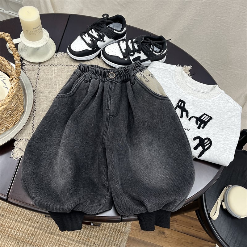 Blugi denim pentru copii stil coreean, căptușiți cu fleece din lână de alpaca, denim din bumbac, talie medie, curea elastică