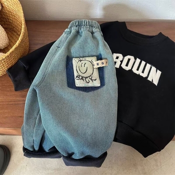Jeanși pentru copii în stil coreean, căptușeală călduroasă de fleece, material din bumbac, talie elastică, pantaloni de iarnă pentru copii 8+ ani