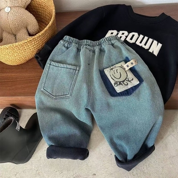 Jeanși pentru copii în stil coreean, căptușeală călduroasă de fleece, material din bumbac, talie elastică, pantaloni de iarnă pentru copii 8+ ani