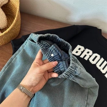 Jeanși pentru copii în stil coreean, căptușeală călduroasă de fleece, material din bumbac, talie elastică, pantaloni de iarnă pentru copii 8+ ani