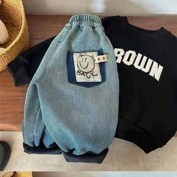 Jeanși pentru copii în stil coreean, căptușeală călduroasă de fleece, material din bumbac, talie elastică, pantaloni de iarnă pentru copii 8+ ani