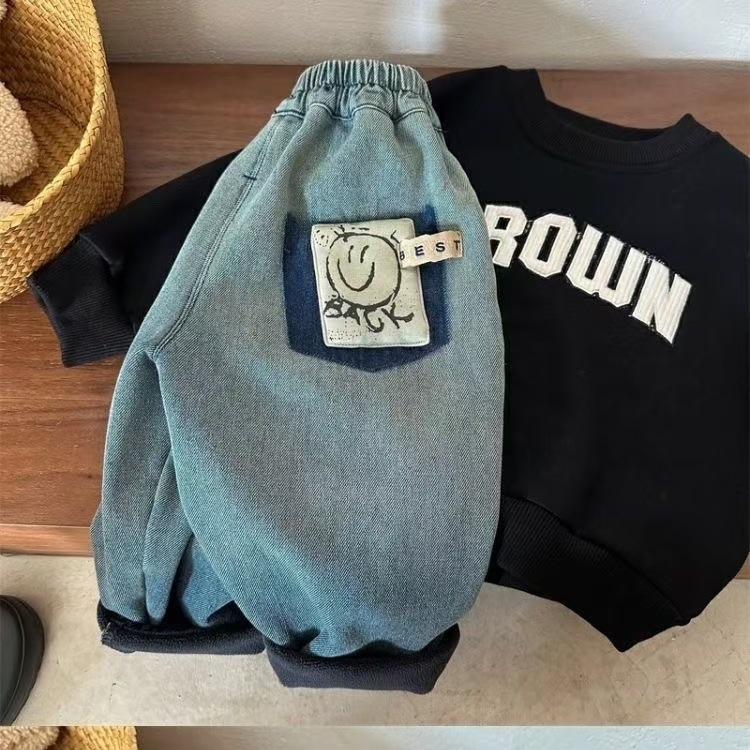 Jeanși pentru copii în stil coreean, căptușeală călduroasă de fleece, material din bumbac, talie elastică, pantaloni de iarnă pentru copii 8+ ani