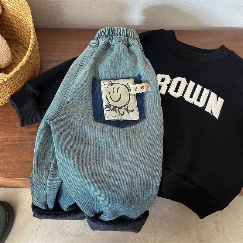 Jeanși pentru copii în stil coreean, căptușeală călduroasă de fleece, material din bumbac, talie elastică, pantaloni de iarnă pentru copii 8+ ani