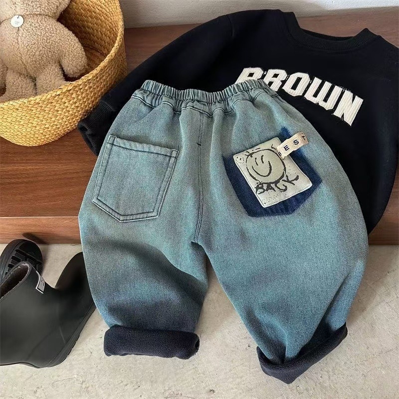 Jeanși pentru copii în stil coreean, căptușeală călduroasă de fleece, material din bumbac, talie elastică, pantaloni de iarnă pentru copii 8+ ani