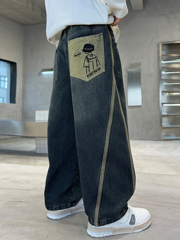 Dječje traperice u korejskom stilu, 57,2% pamuk, uzorak slova/abstraktno, srednje visokim pojasom s elastičnim pojasom, za dječake 8+