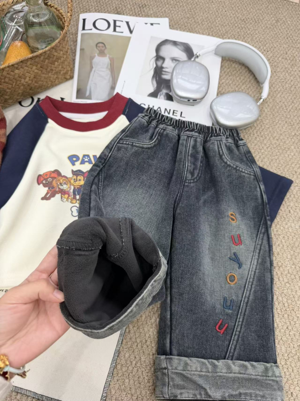 Koreanskog stila denim hlače za dječake, dugačke, s ušivenim slovima, zima, 3–8 godina
