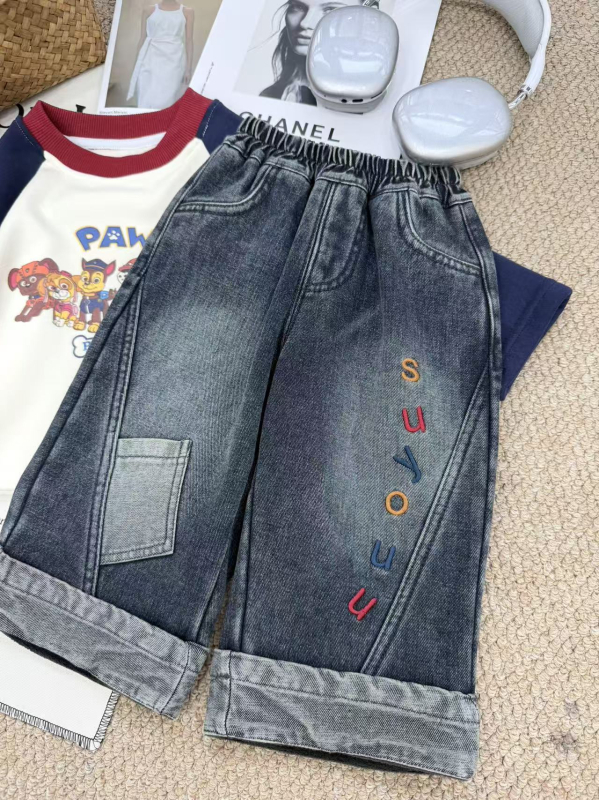 Koreanskog stila denim hlače za dječake, dugačke, s ušivenim slovima, zima, 3–8 godina
