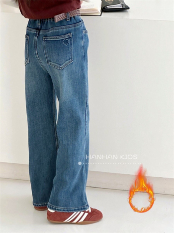 Dječje traperice s flisom, korejskog stila osnovni kroj, srednji pojas, debeli denim, duljina 9/10