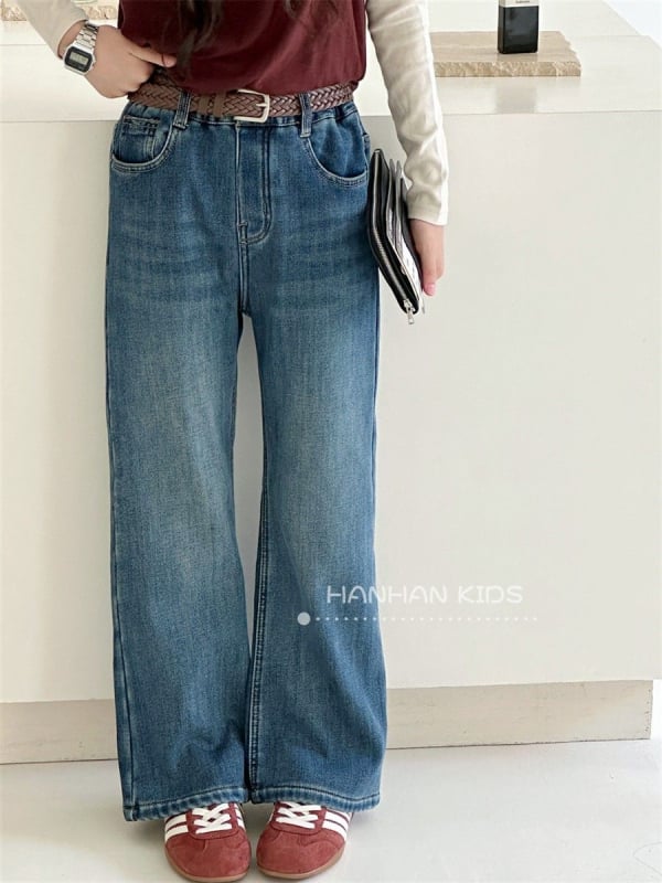 Dječje traperice s flisom, korejskog stila osnovni kroj, srednji pojas, debeli denim, duljina 9/10