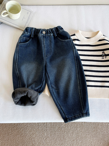 Dječje traperice u korejskom stilu, podstavljene flisom, zimske deblje, srednji pojas, unisex, za djecu 3–8 godina, 75% pamuka