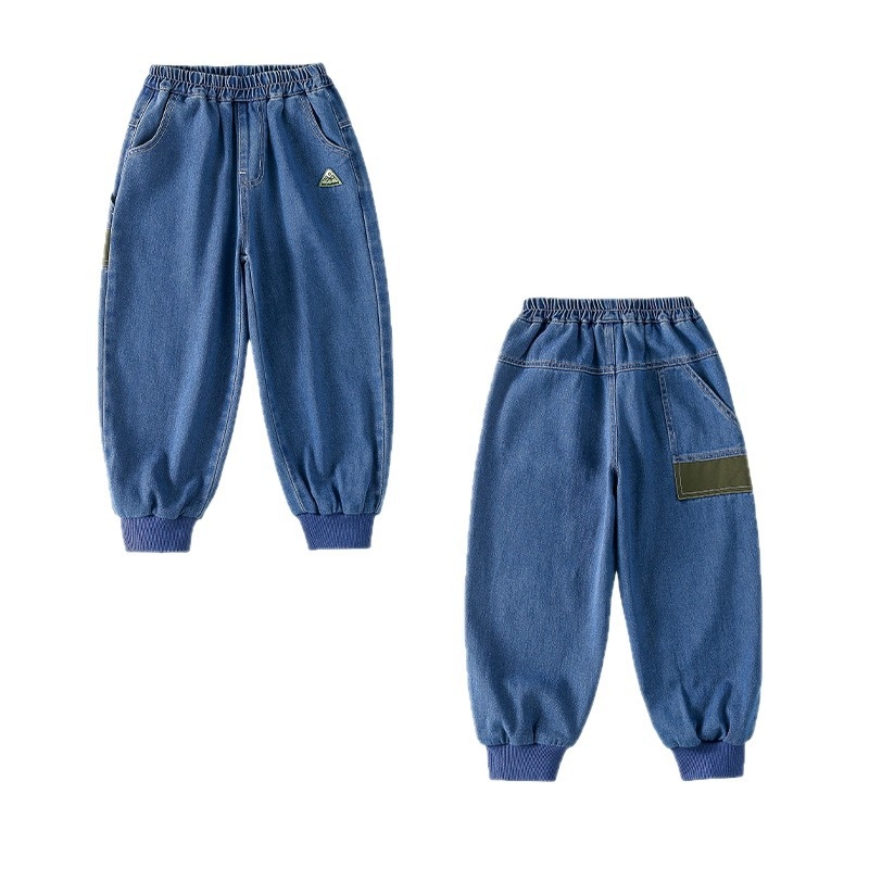 Gyerekeknek szóló denim nadrág, szabadidős stílus, középmagas derék, elasztikus övcsattal, tavasz–őszi viseléshez