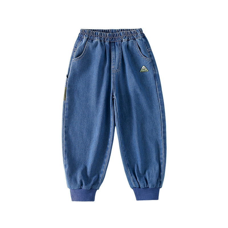 Gyerekeknek szóló denim nadrág, szabadidős stílus, középmagas derék, elasztikus övcsattal, tavasz–őszi viseléshez