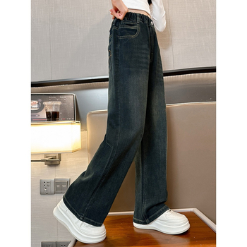 Dječje hlače traperice za djevojčice s ravnim krojem, s flis podstavom, pamuk 60%+, korejski stil, osnovni, srednje visok pojas, zatvaranje na gumbima