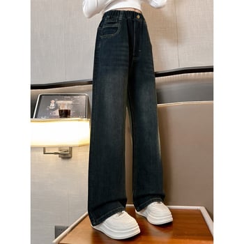 Dječje hlače traperice za djevojčice s ravnim krojem, s flis podstavom, pamuk 60%+, korejski stil, osnovni, srednje visok pojas, zatvaranje na gumbima