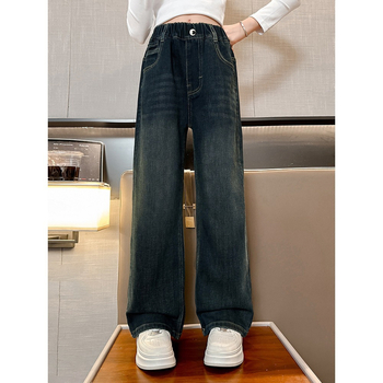 Dječje hlače traperice za djevojčice s ravnim krojem, s flis podstavom, pamuk 60%+, korejski stil, osnovni, srednje visok pojas, zatvaranje na gumbima