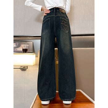 Dječje hlače traperice za djevojčice s ravnim krojem, s flis podstavom, pamuk 60%+, korejski stil, osnovni, srednje visok pojas, zatvaranje na gumbima