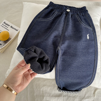 Dječje traperice s flis podstavom, zima 2025, unisex, korejskog stila denim, 90% pamuka, srednji pojas