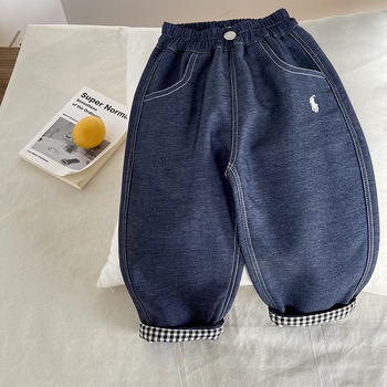 Dječje traperice s flis podstavom, zima 2025, unisex, korejskog stila denim, 90% pamuka, srednji pojas