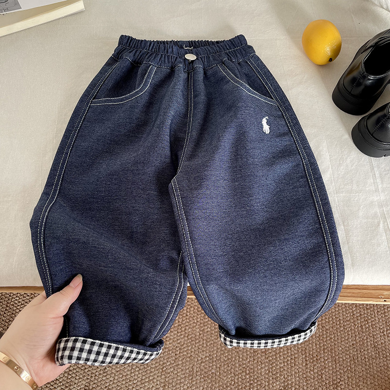 Dječje traperice s flis podstavom, zima 2025, unisex, korejskog stila denim, 90% pamuka, srednji pojas