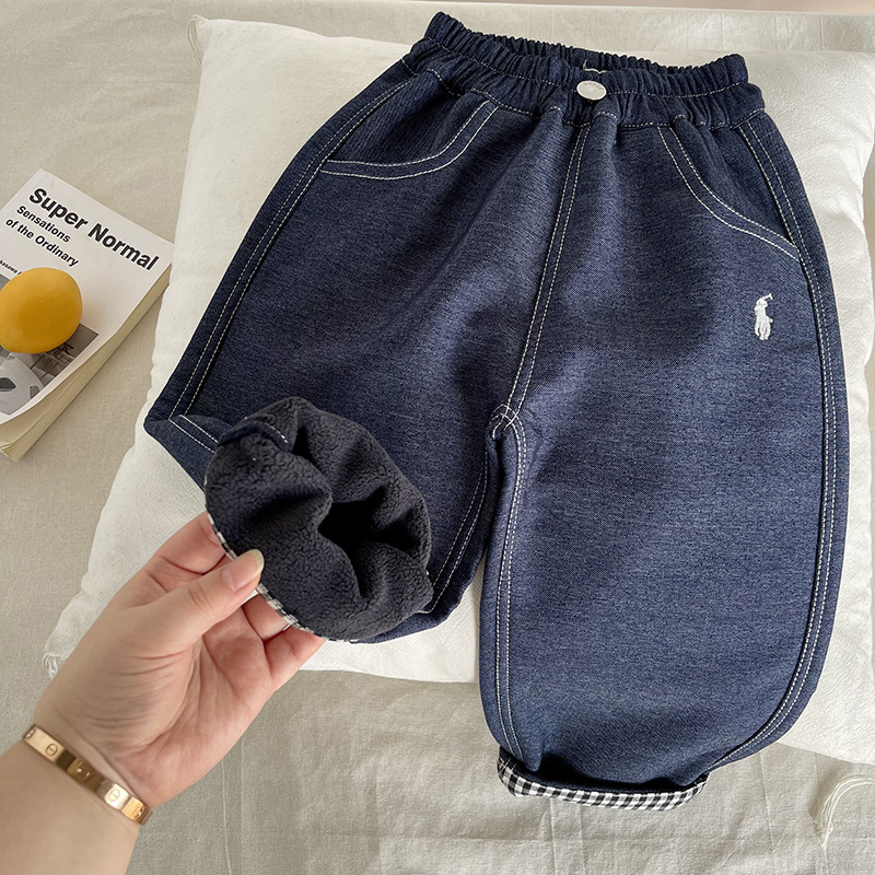Dječje traperice s flis podstavom, zima 2025, unisex, korejskog stila denim, 90% pamuka, srednji pojas
