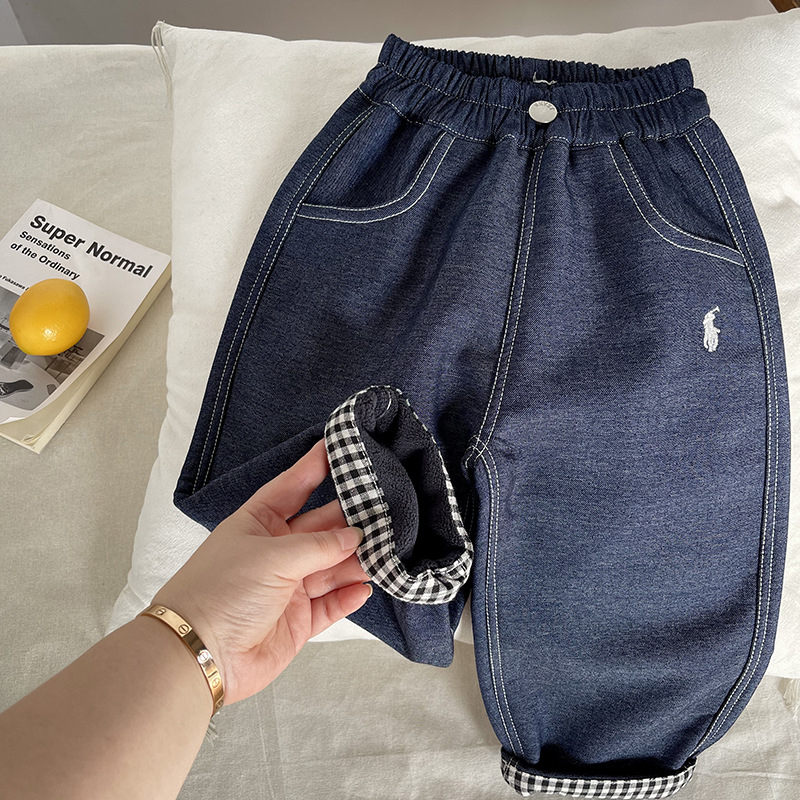 Dječje traperice s flis podstavom, zima 2025, unisex, korejskog stila denim, 90% pamuka, srednji pojas