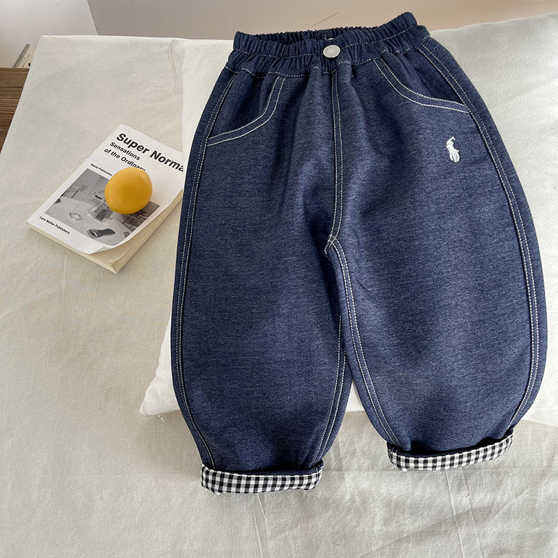 Dječje traperice s flis podstavom, zima 2025, unisex, korejskog stila denim, 90% pamuka, srednji pojas