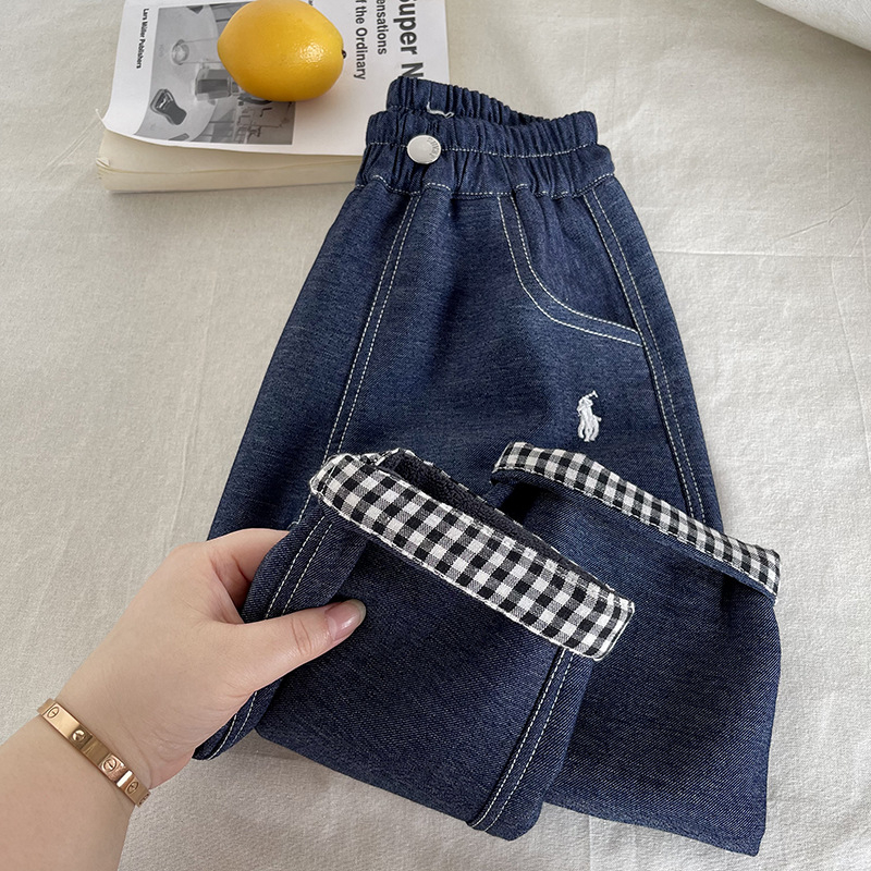 Dječje traperice s flis podstavom, zima 2025, unisex, korejskog stila denim, 90% pamuka, srednji pojas