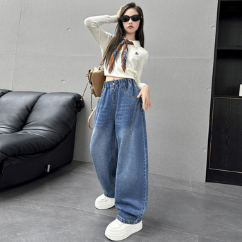 Dječje traperice, korejski stil, visoki pojas, široke ravne nogavice, proljeće/jesen 2025