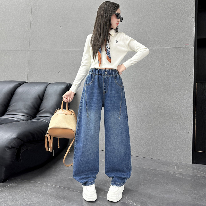 Dječje traperice, korejski stil, visoki pojas, široke ravne nogavice, proljeće/jesen 2025