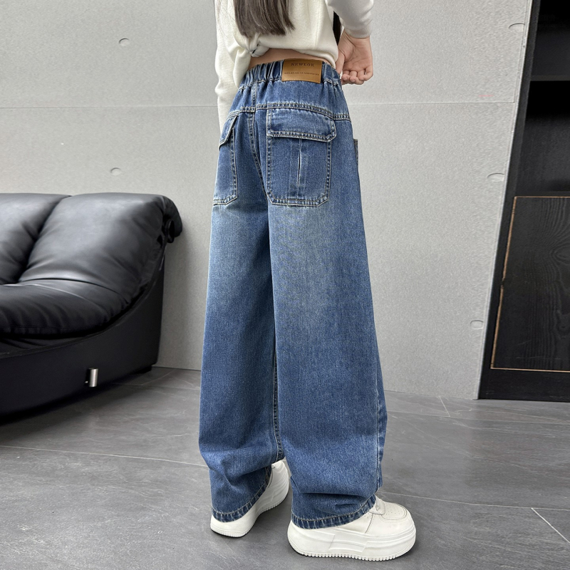 Dječje traperice, korejski stil, visoki pojas, široke ravne nogavice, proljeće/jesen 2025