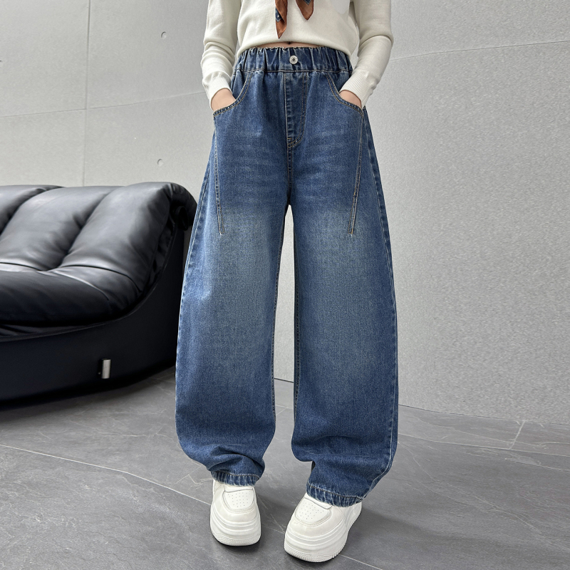 Dječje traperice, korejski stil, visoki pojas, široke ravne nogavice, proljeće/jesen 2025