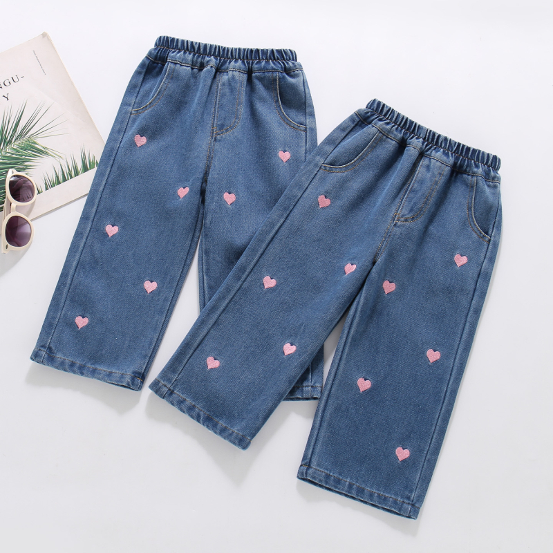 Lányoknak szóló farmernadrág – Slim fit, középső derék elasztikus öv, 75% pamut, szív hímzés, tavasz–ősz, 3–8 évesek