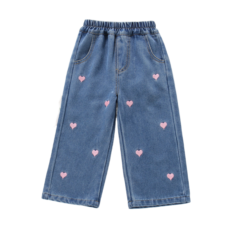 Lányoknak szóló farmernadrág – Slim fit, középső derék elasztikus öv, 75% pamut, szív hímzés, tavasz–ősz, 3–8 évesek