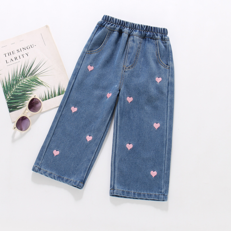 Lányoknak szóló farmernadrág – Slim fit, középső derék elasztikus öv, 75% pamut, szív hímzés, tavasz–ősz, 3–8 évesek