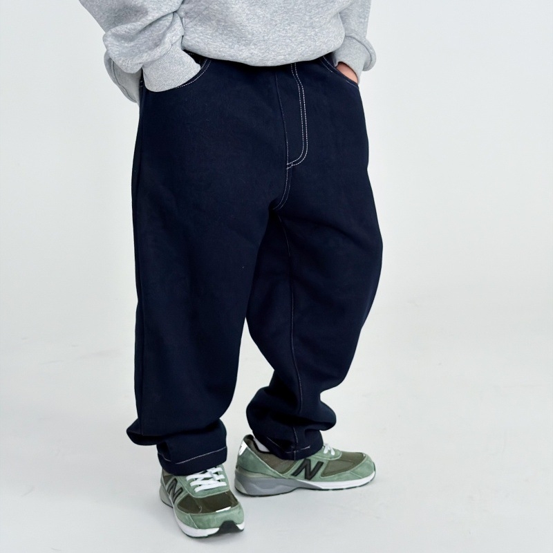 Gyerekeknek szóló nadrág denim-szerű anyagból, fleece belsővel, hosszú téli viselet, középmagas derekú