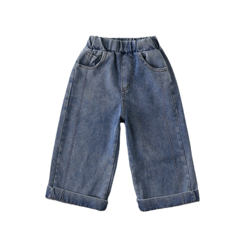 Pantaloni denim pentru fetițe, margine din dantelă, croială dreaptă, talie medie, stil coreean, pentru copii 3–8 ani