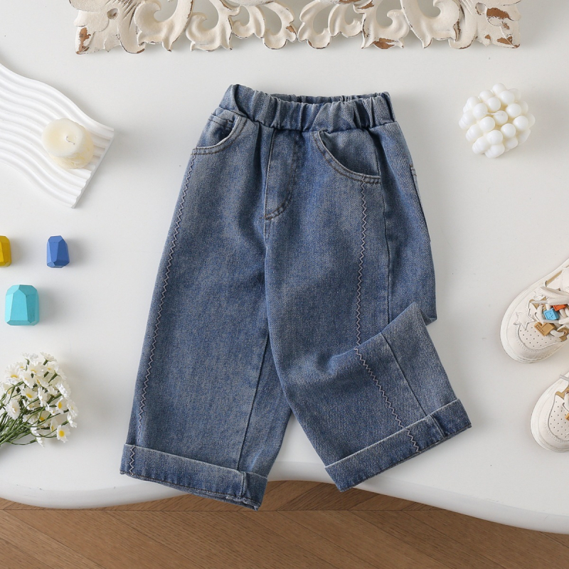 Pantaloni denim pentru fetițe, margine din dantelă, croială dreaptă, talie medie, stil coreean, pentru copii 3–8 ani