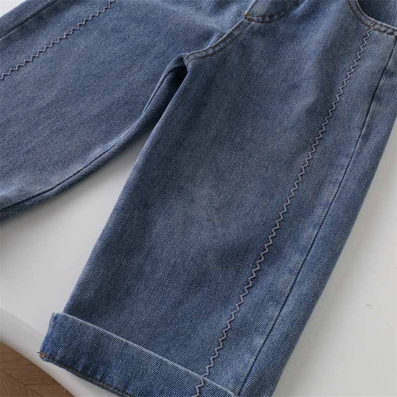 Pantaloni denim pentru fetițe, margine din dantelă, croială dreaptă, talie medie, stil coreean, pentru copii 3–8 ani