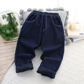 Gyerekeknek készült fleece-betétes farmernadrág, uniszex, középmagas derekú, elasztikus övvel, 8+ éveseknek, 2025 ősz