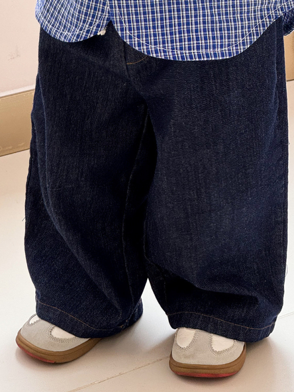 Jeanși pentru copii - Denim moale din bumbac, 75,5% bumbac, talie înaltă cu elastic, croială cowboy activ, unisex pentru 1–3 ani