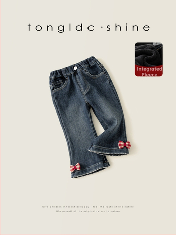 Jeans pentru fete cu căptușeală fleece, croială largă, detaliu funda, talie medie, țesătură poliester