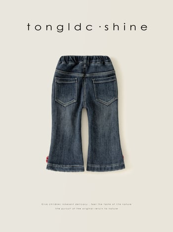 Jeans pentru fete cu căptușeală fleece, croială largă, detaliu funda, talie medie, țesătură poliester